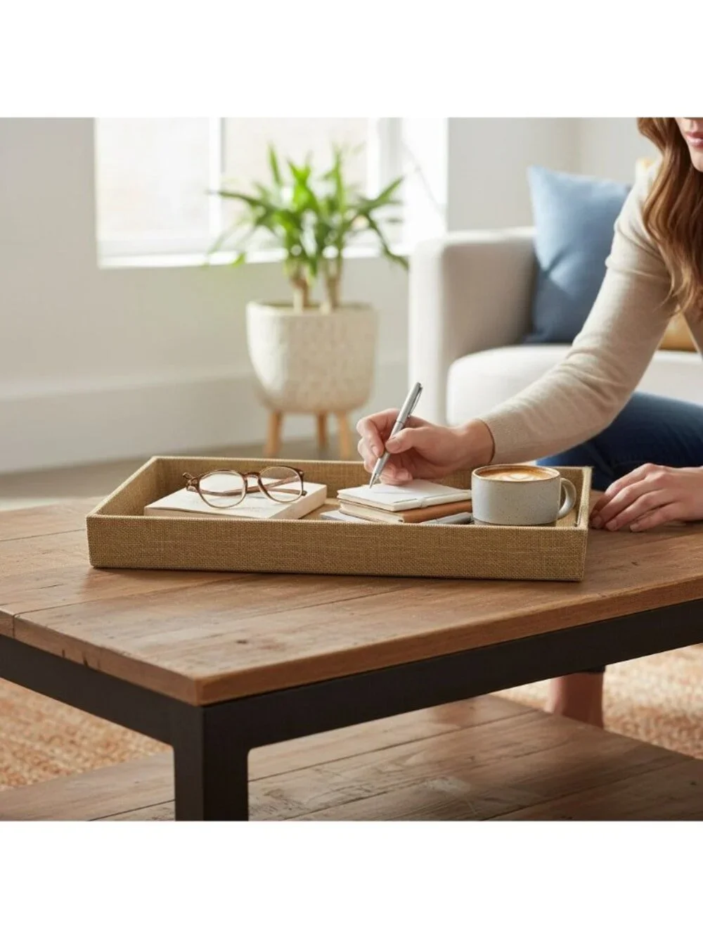 Gold Rectangular Burlap Decorative Tray For Desk Or Coffee Table Organization 14